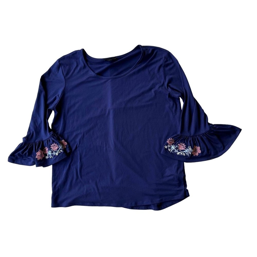 Sage & Vicky Pullover Top Large Navy Blue Embroidered Floral Flare Sleev…